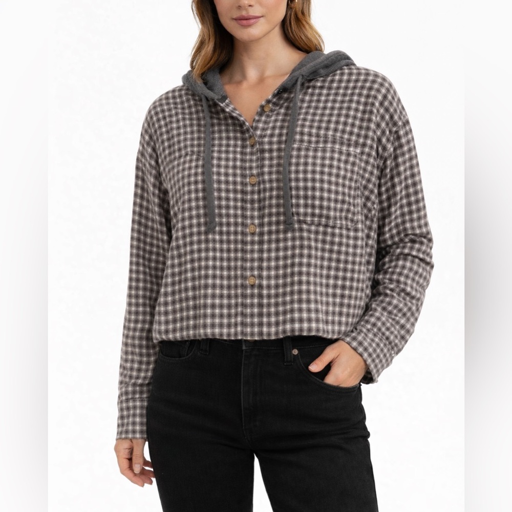 American Eagle Size Large Plaid Hooded Button-Up Women‎ Cropped Top